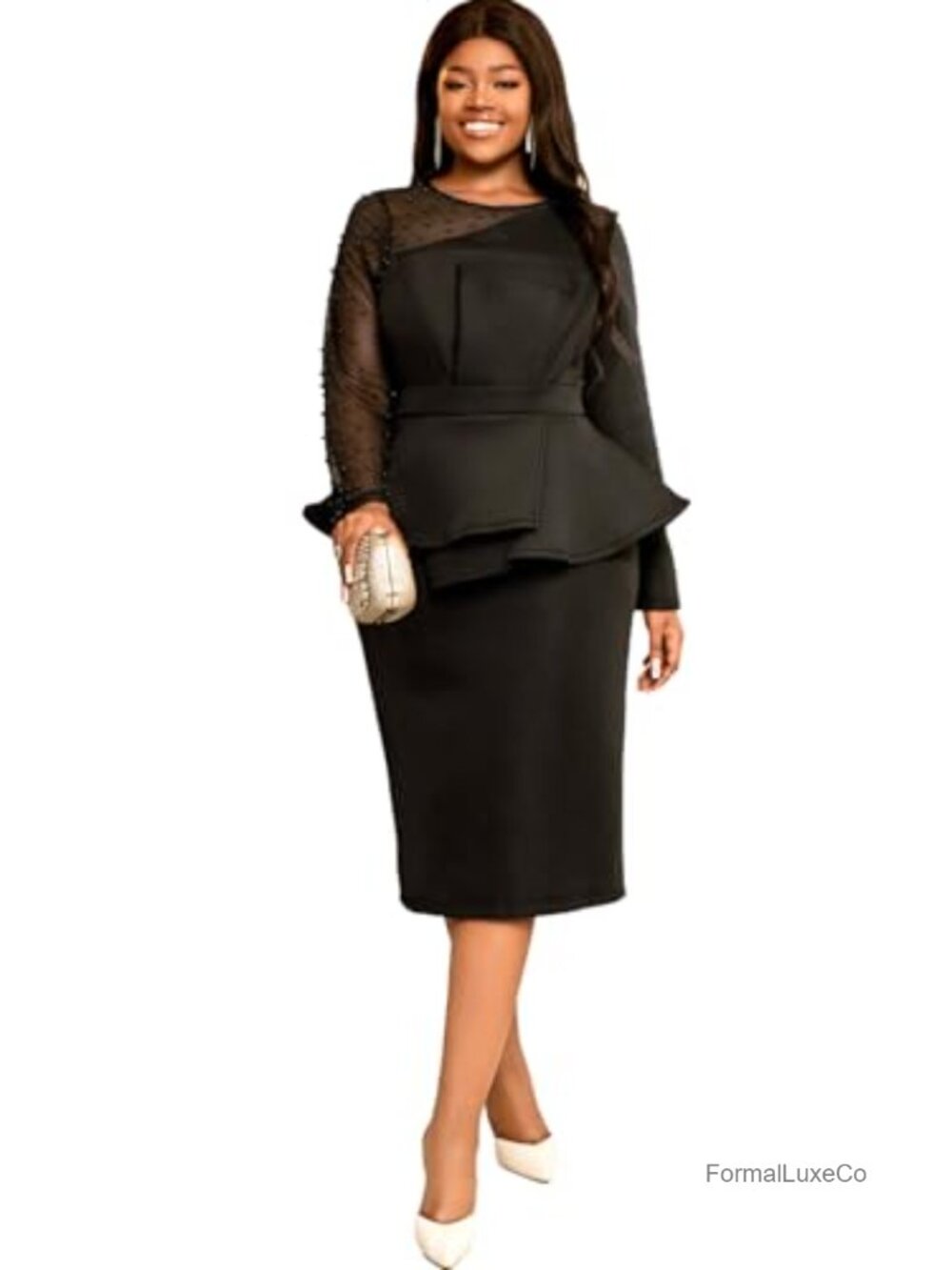 Women's Mesh Patchwork Bead Long Sleeve Peplum Bodycon Knee Length Dress